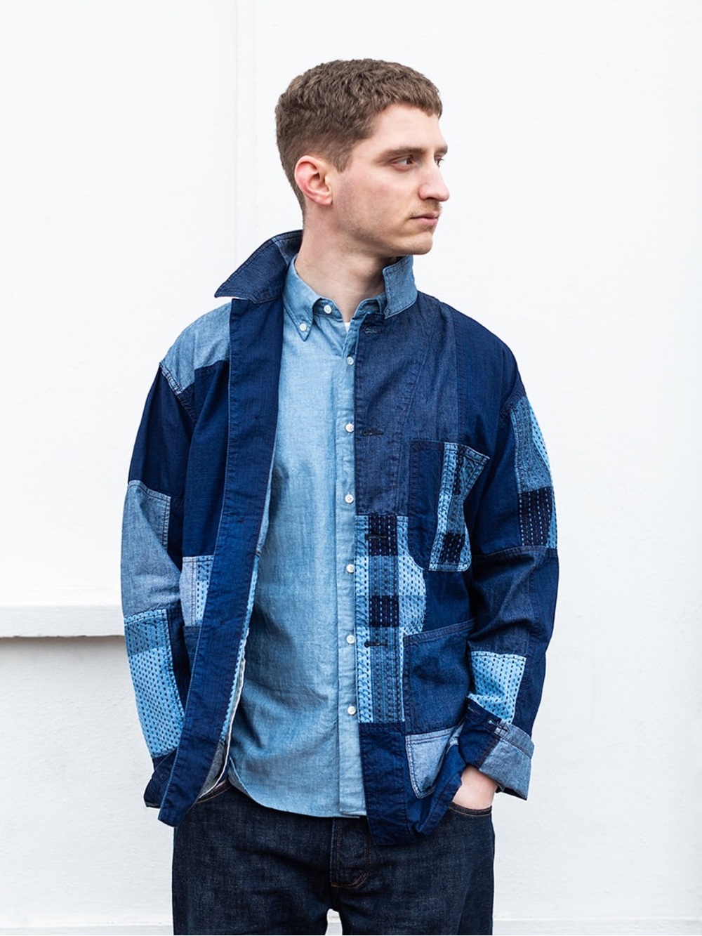 Beams Plus Mil Chore jacket Indigo‎ patchwork Japanese denim size Small NWT